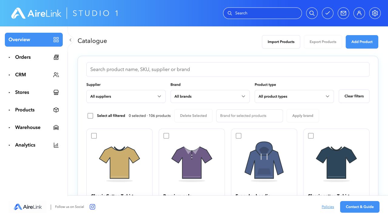 AireLink Studio catalogue with sample products and supplier, brand and product-type filters