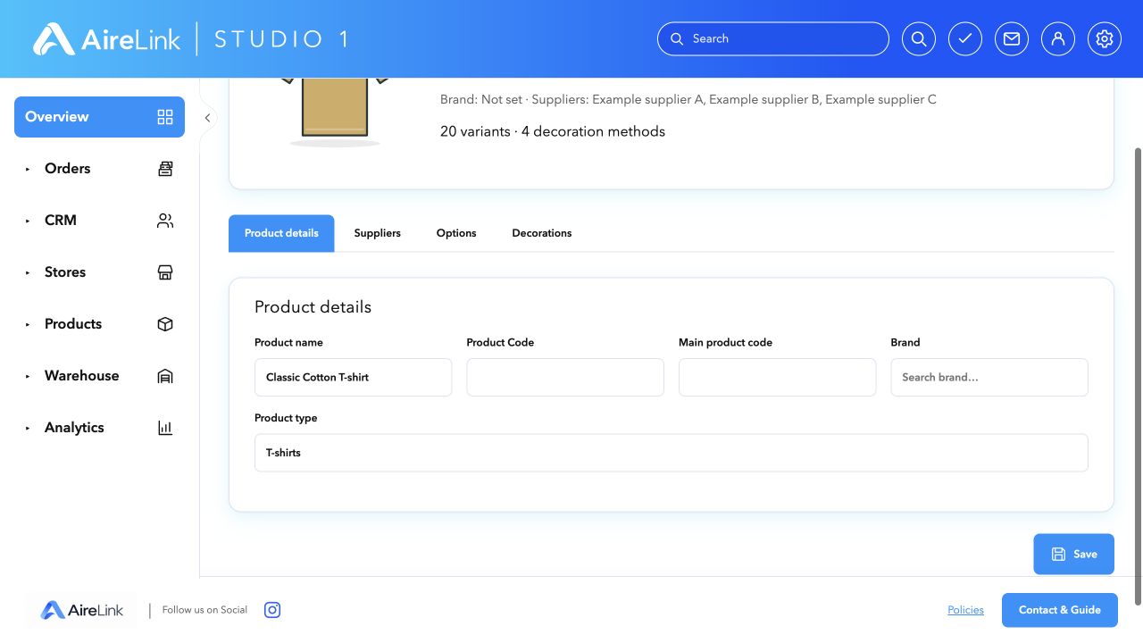 AireLink Studio local preview: Product management