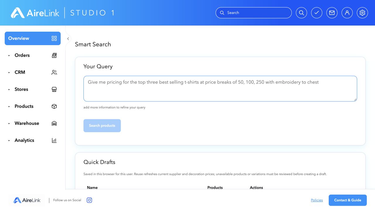 AireLink Studio local preview: Smart Search & Quick Drafts