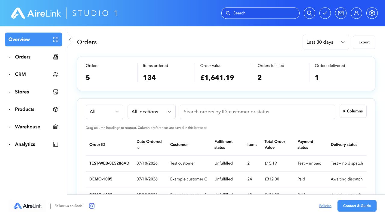 AireLink Studio local preview: Orders