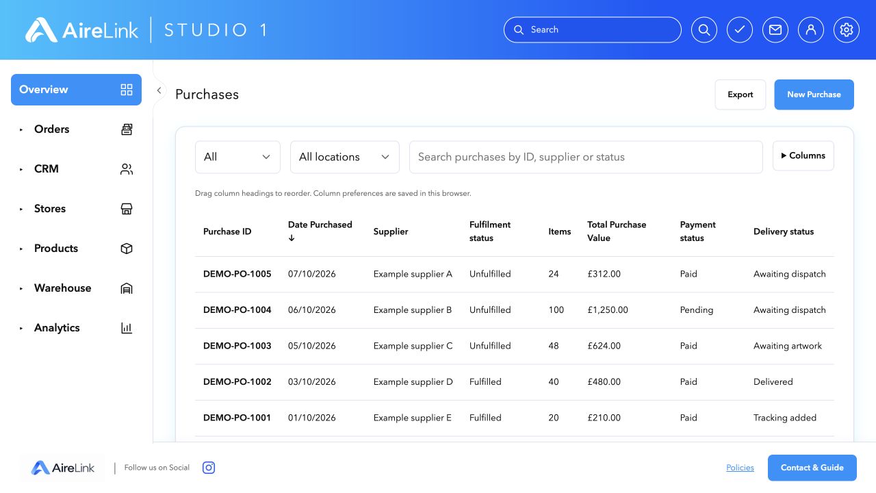 AireLink Studio local preview: Purchases