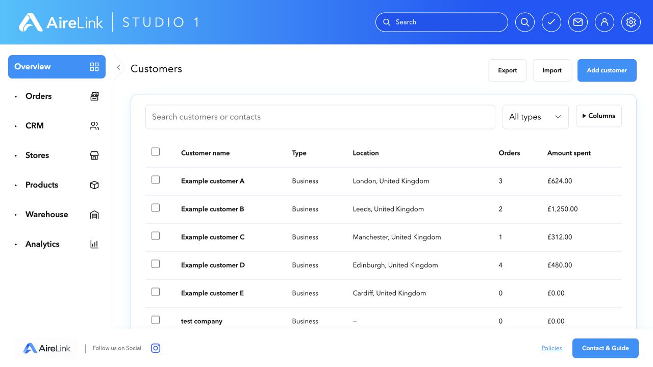 AireLink Studio local preview: Customers & contacts