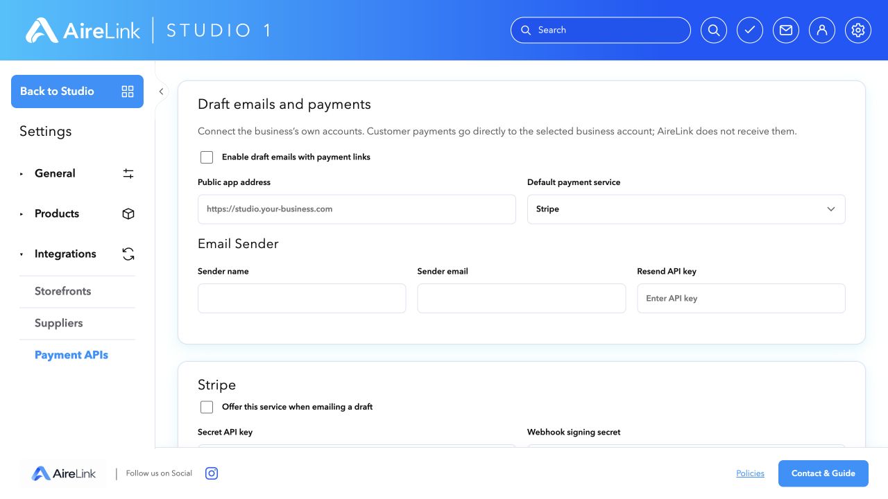 AireLink Studio local preview: Email & payment connections