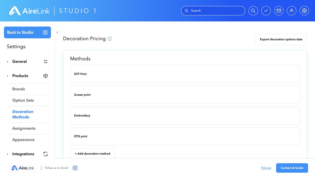 AireLink Studio local preview: Decoration pricing