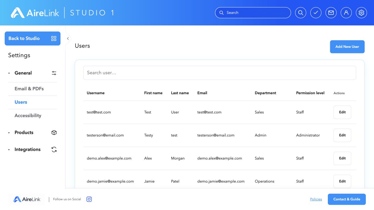 AireLink Studio local preview: Staff profiles & permissions