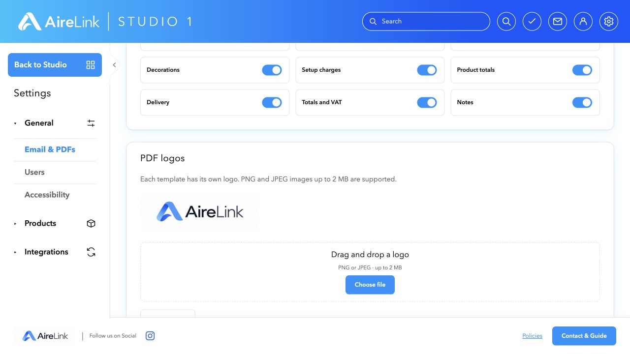 AireLink Studio local preview: PDF sections & logos